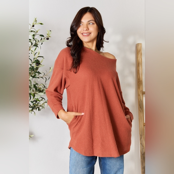 BOMBOM Drop Shoulder Long Sleeve Blouse with Pockets - Picture 3 of 6
